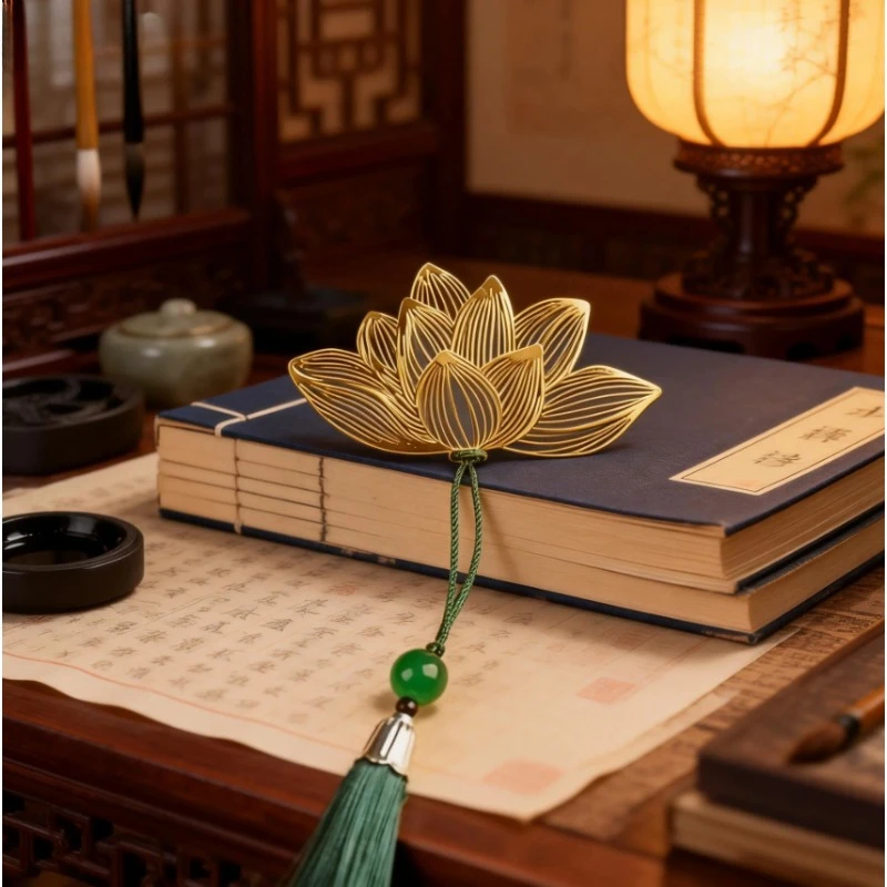 

Brass Lotus Bookmark with Dark Green Tassel - Vintage Literary Page Marker for Book Lovers