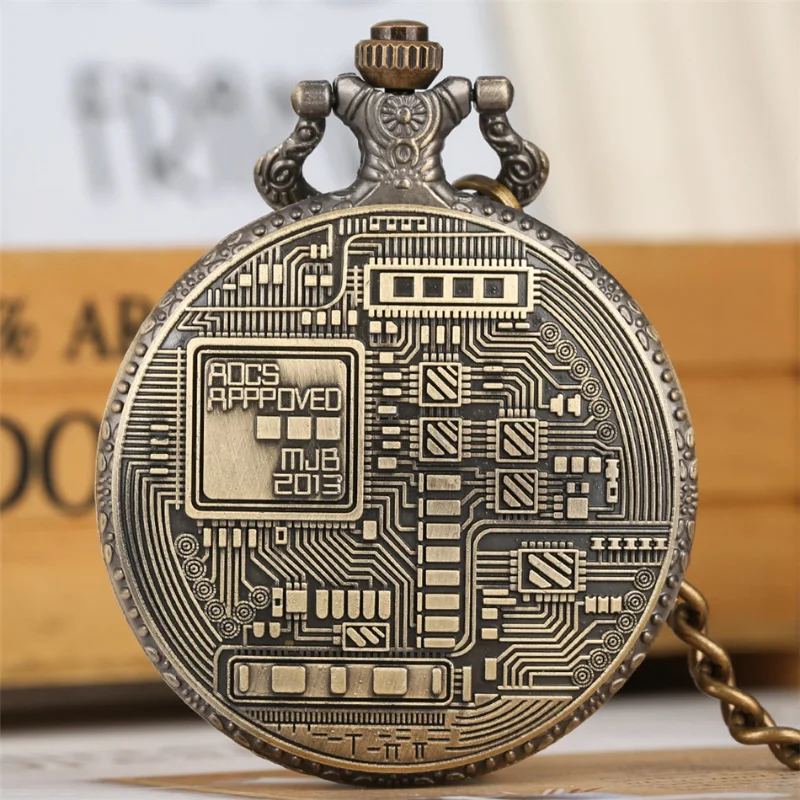 Antique Bronze Bitcoin Pattern Quartz Pocket Watch Exquisite Engraving Souvenir Pendant Pocket Clock Gifts Men Women