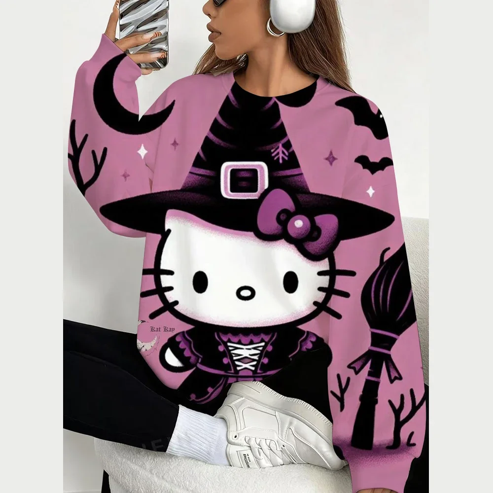 Cute Halloween Hello Kitty Round Neck Hoodie Long Sleeve Design Fashion Street Style Autumn 3D Cute Print Pullover Women