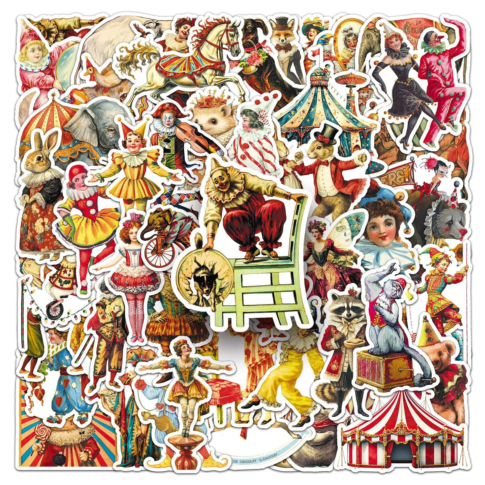 

50Pcs Cute Circus Series Sticker Elephant Clown Decals For Laptop Scrapbook Luggage Guitar Helmet DIY Graffiti Aesthetic Sticker