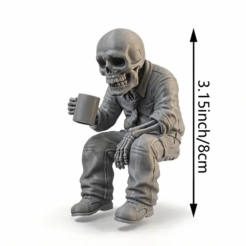 8cmWork Burnout Skeleton Ornament, Funny Coffee Skeleton Desk Decor, Desktop Ornaments, Gothic 3D Printed Statue for Home Office