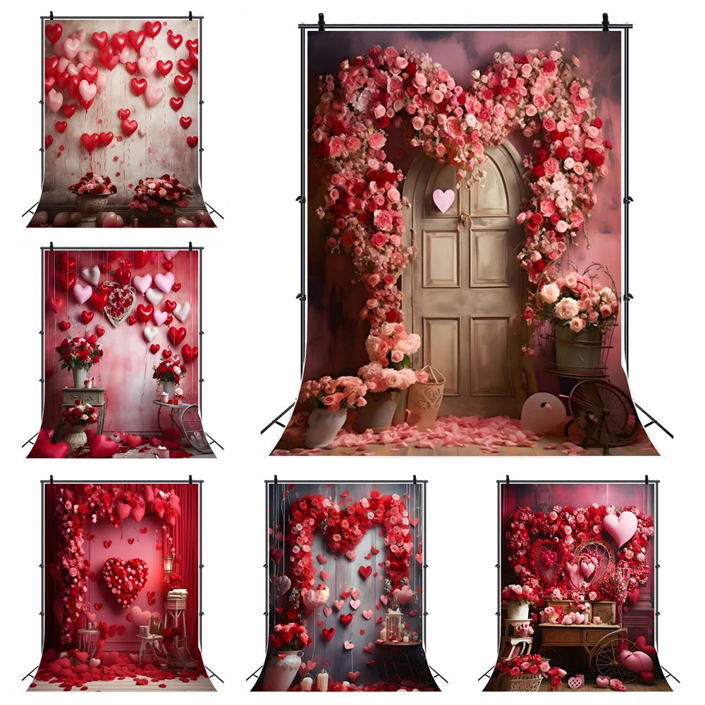 February 14th Valentine's Day Backdrop Vintage Romantic Red Flowers Love Heart Balloons Artistic Portrait Background Photo Props