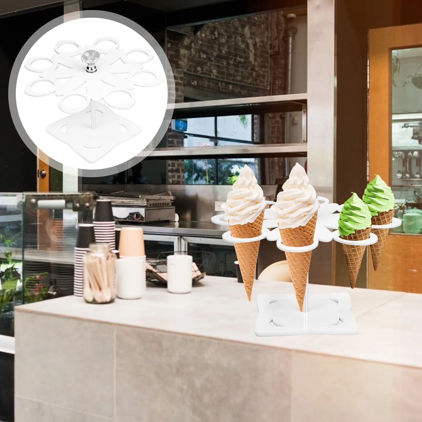 

Premium Acrylic Ice Cream Cone Holder Rack 8 Holes Rotatable Multi Use for Stores Parties Picnics Sushi Roll Popcorn Display