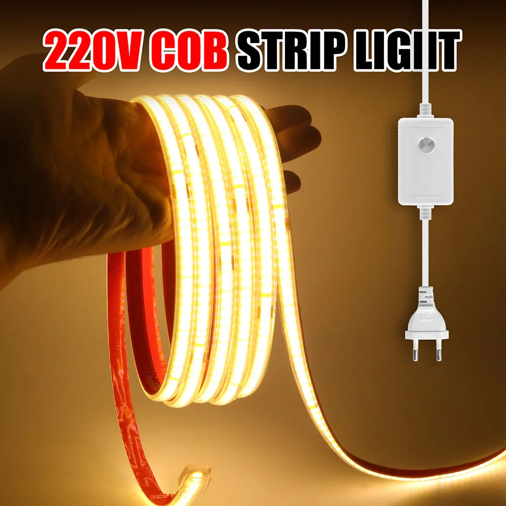 220V Dimmable COB LED Strip Light with Dimmer EU UK Plug Waterproof High Bright 240LED/M Flex Tape Home Decor 3000K 4000K 6000K