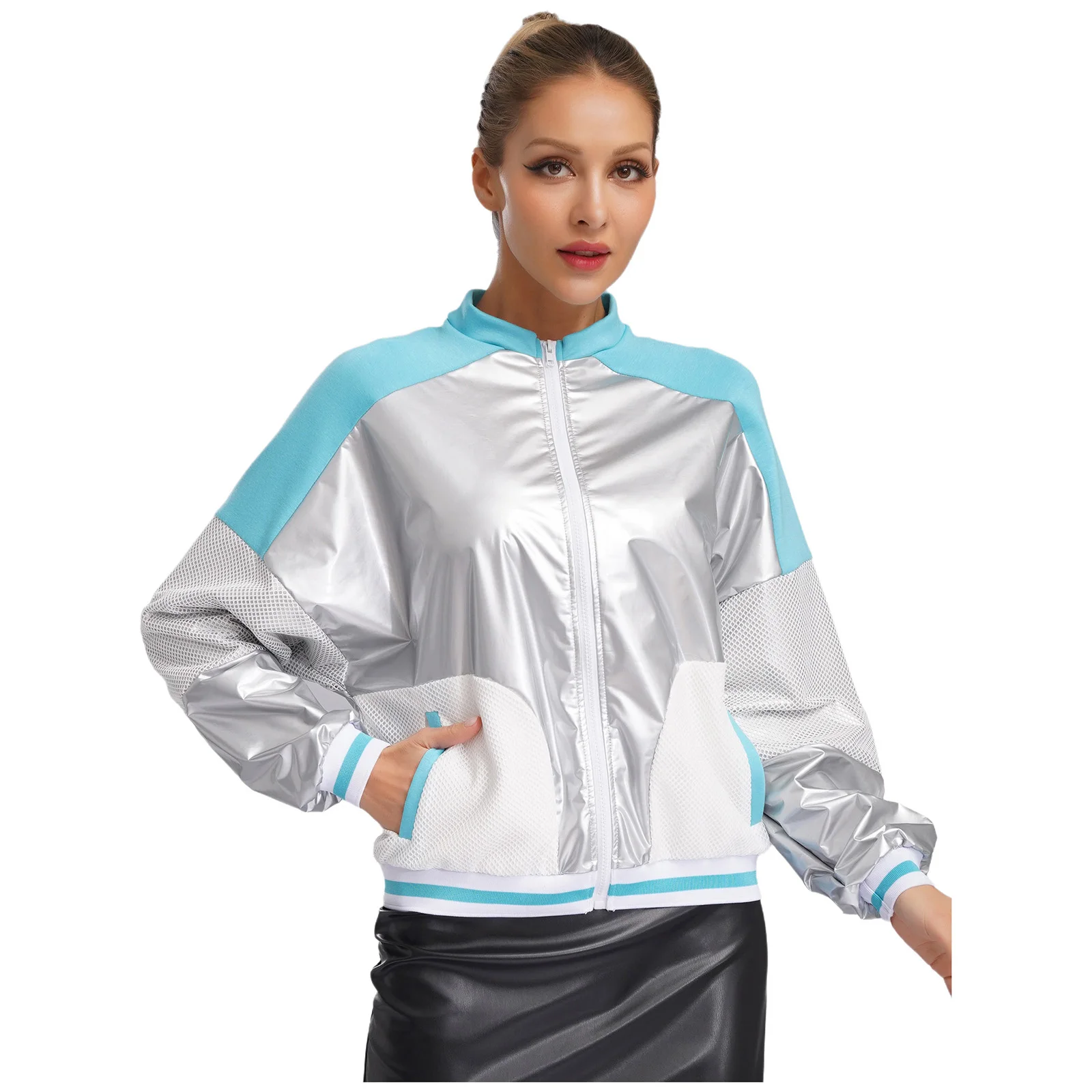 Cappotti da donna in pelle verniciata lucida Colletto alla coreana Manica lunga Scava fuori Maglia patchwork Cappotto metallico Capispalla casual quotidiano