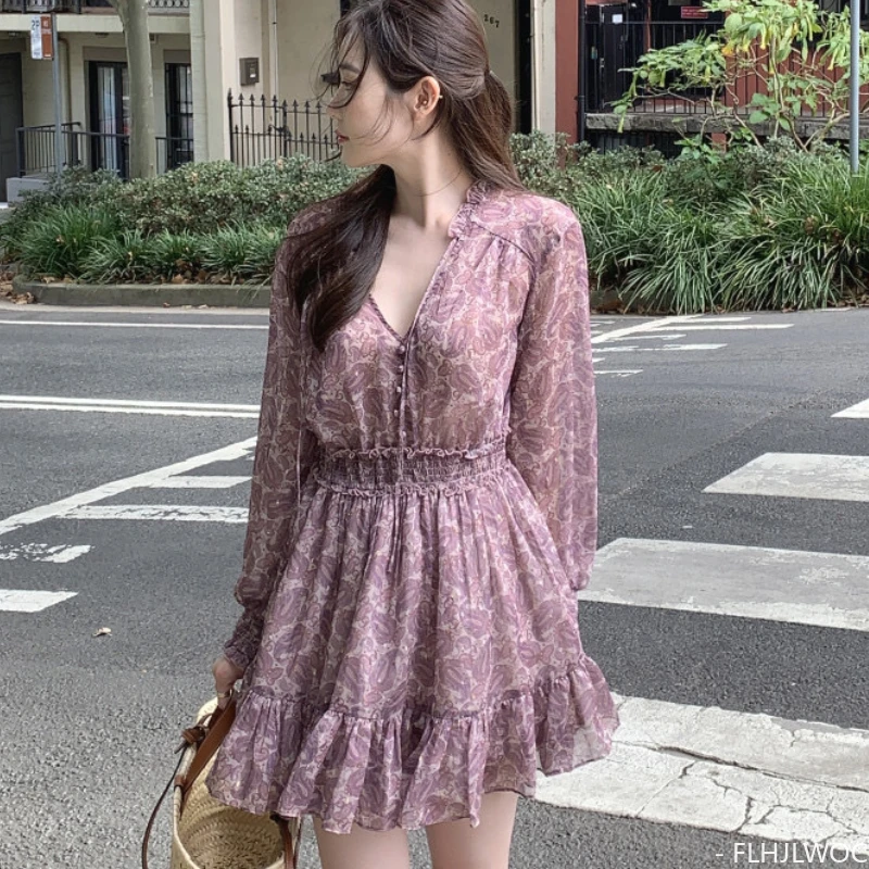 Romantic Holiday Date Chic Korea Girls Doll Design Women V Neck Floral Printed Ruffled Cute Sweet Mini Loose Dress