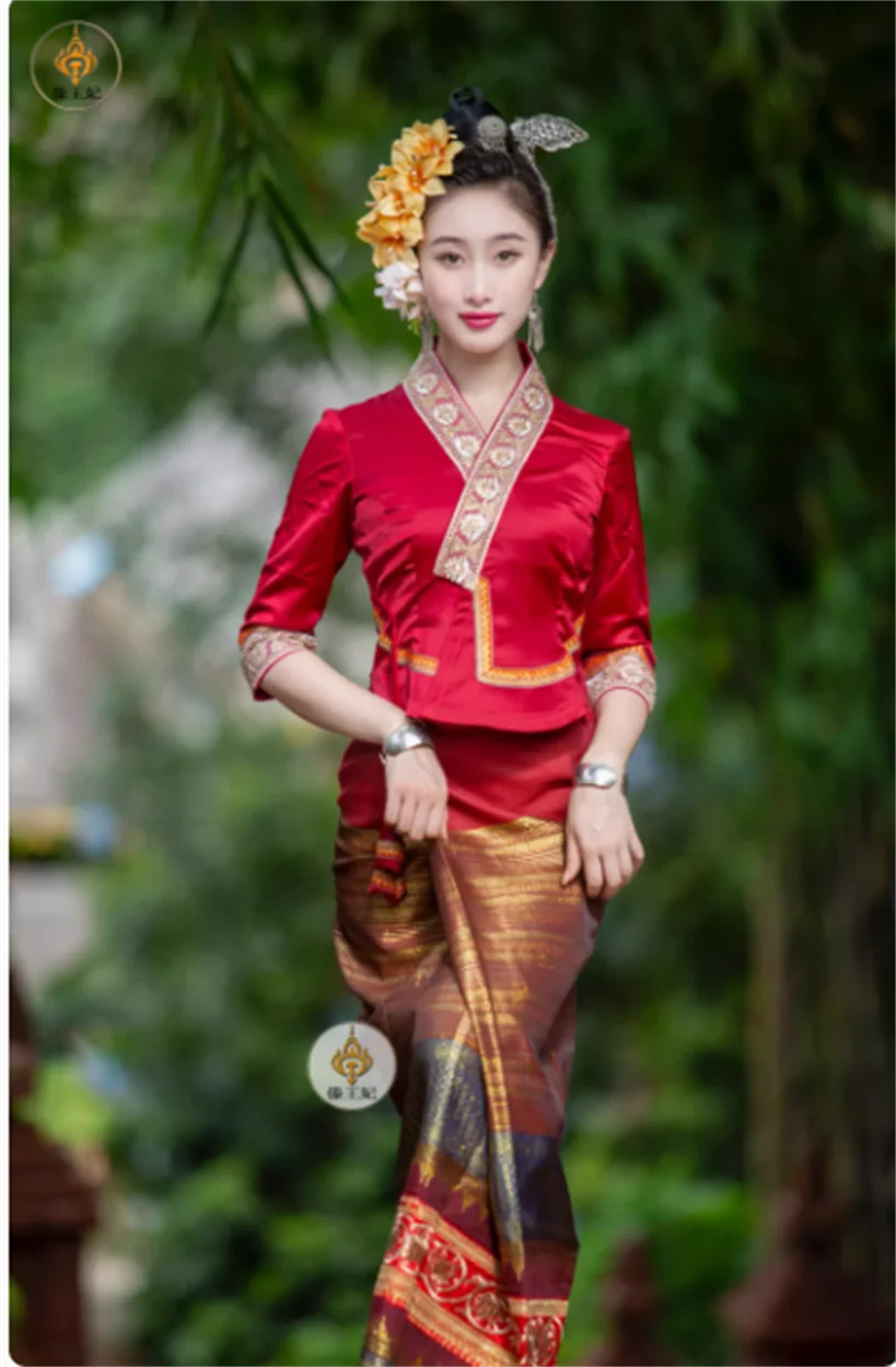 

Chinese Dai Ethnic Traditional Dress Daily Work Welcome Clothing Women's Suit Thailand Spring