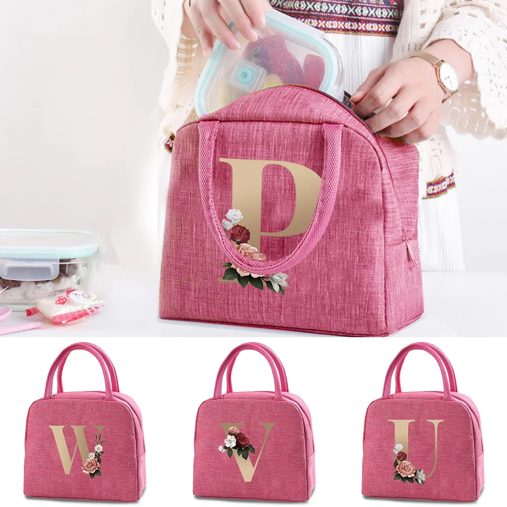 New Gold Letter Print Canvas Lunch Box Bag Cooler Picnic Bag School Food Insulated Dinner Bag Camping Lunch Bags Travel Handbags