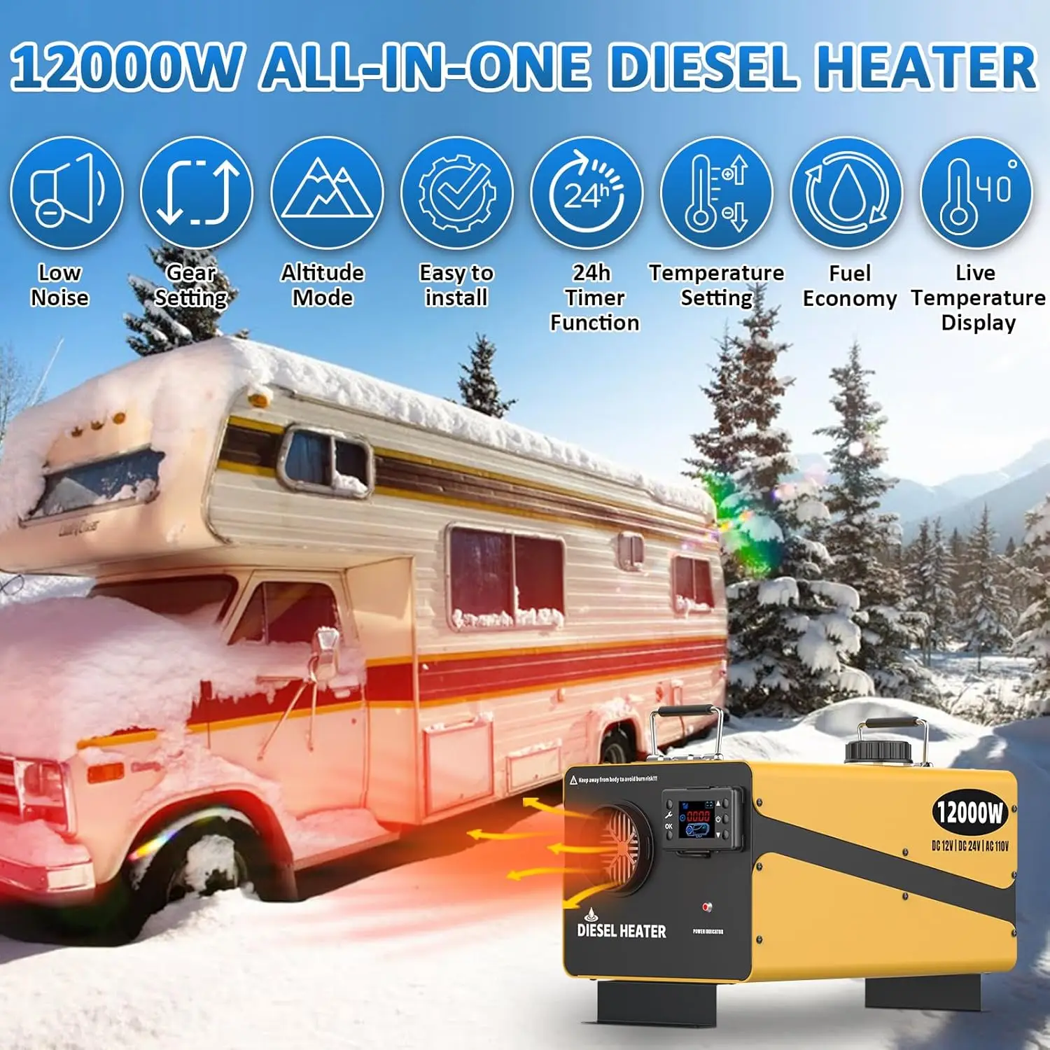 12000W Heater, 110V/24V/12V, Professional Parking Heater, Remote Control, LCD Display