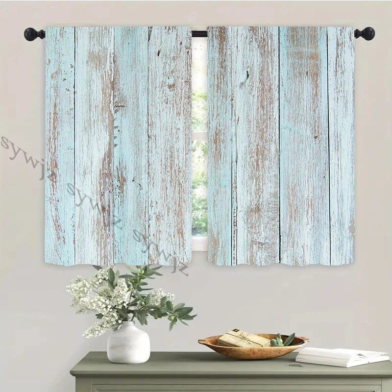 2 PCS Vintage Wood Grain Kitchen Curtains Home Bedroom Room Decor Blackout Cloth Living Room Small Window Curtains