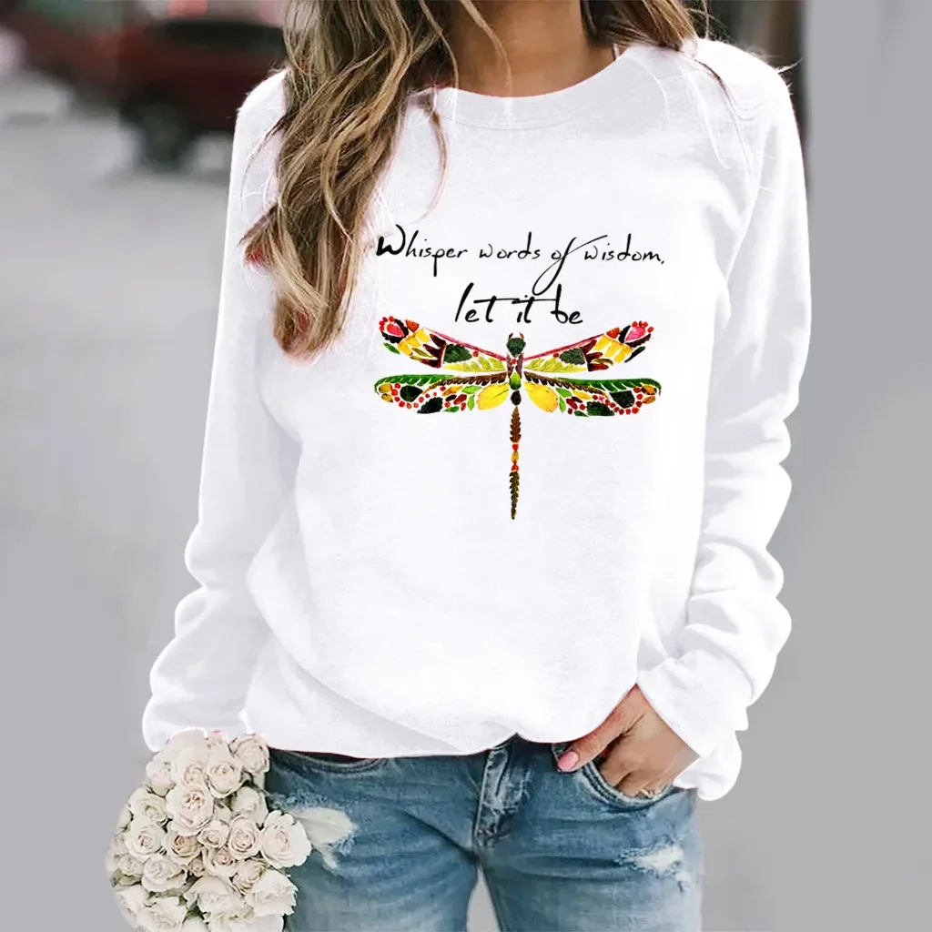 Independence Station Dragonfly Print Long-sleeved Crewneck Hoodie Woman Sweatshirt Sweatshirts Streetwear Women Clothes