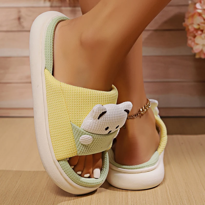 Cute Cartoon Bear Home Slippers Women 2024 Winter Comfort Soft Sole Linen Slippers Woman Non Slip Flat Heels House Shoes Slides