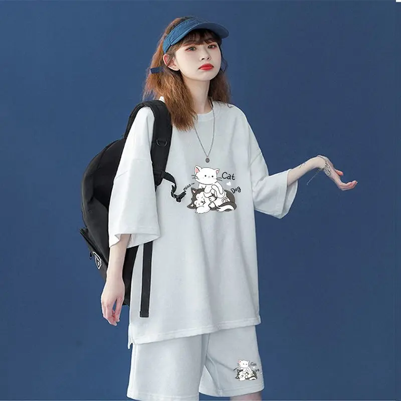 2 Piece Short Sets Summer Korean Clothing Oversized Sports Casual Fashion Home Women Large Size Loose Short Sleeve Top Suit 2023