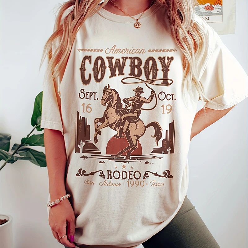 

Cowboy Print T-shirt Casual Short Sleeve Crew Neck Top For Spring & Summer Women's Clothing Fashion White Graphic Female Tees