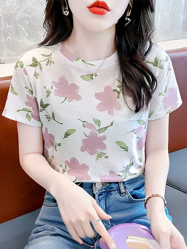 

Loose Short Sleeve round Neck Mom T-Shirt Women's Fashion Korean Style Printed Top Summer Casual Wear Polyester Fiber