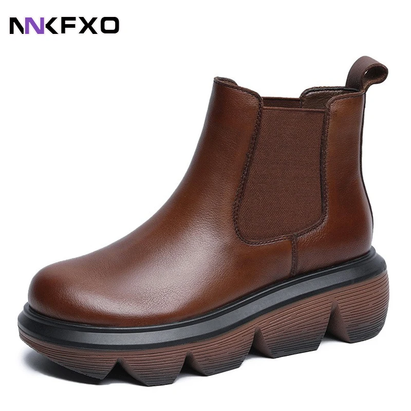 

2023 Women's Round Toe Thick Sole Chelsea Boots Female Retro Fashion Autumn Winter Ankel Boots PU Leather Waterproof Boots QB453