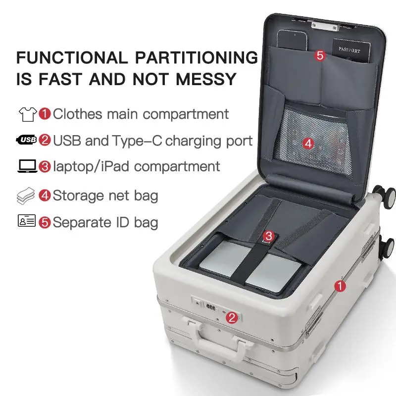 Suicase-Unisex Rolling Bagagem com Wide Pull Rod, Carry on Bagagem com Bolso, Business Boarding Box, Frete Grátis