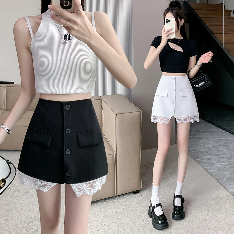 

High end splicing lace skirt for women's spring/summer single breasted A-line skirt, high waisted slimming shorts skirt