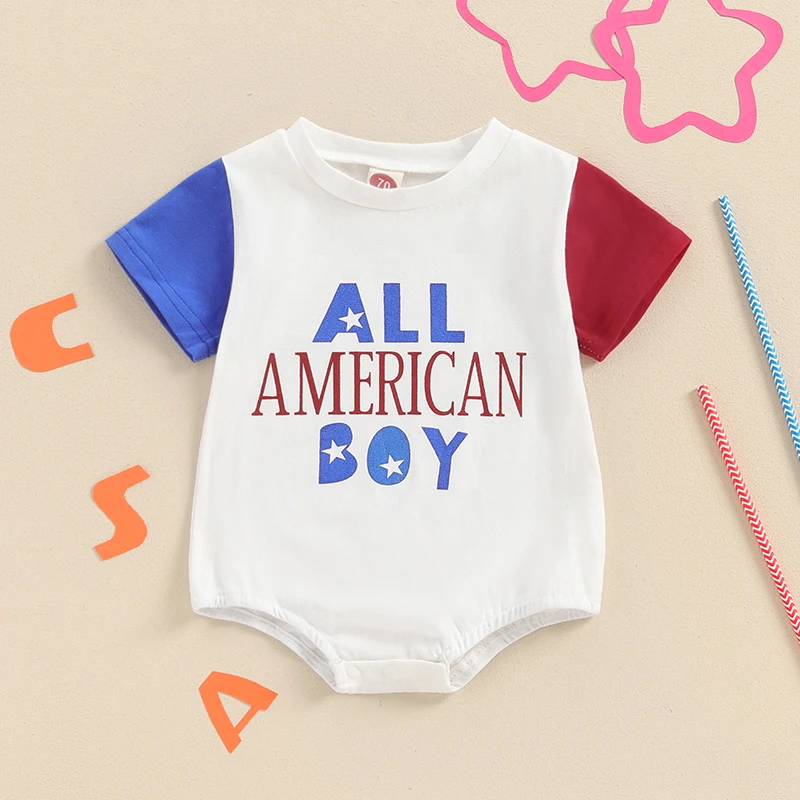 

Adorable Baby Boys Romper with Fun Summer Print and Short Sleeves - Perfect Casual Outfit for Newborns on the 4th of July