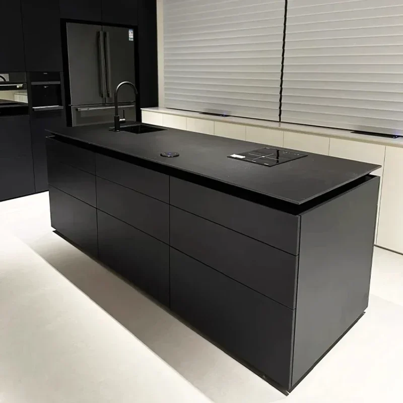 

Black rock slab island counter bar table integrated Italian minimalist western kitchen flush middle guide table