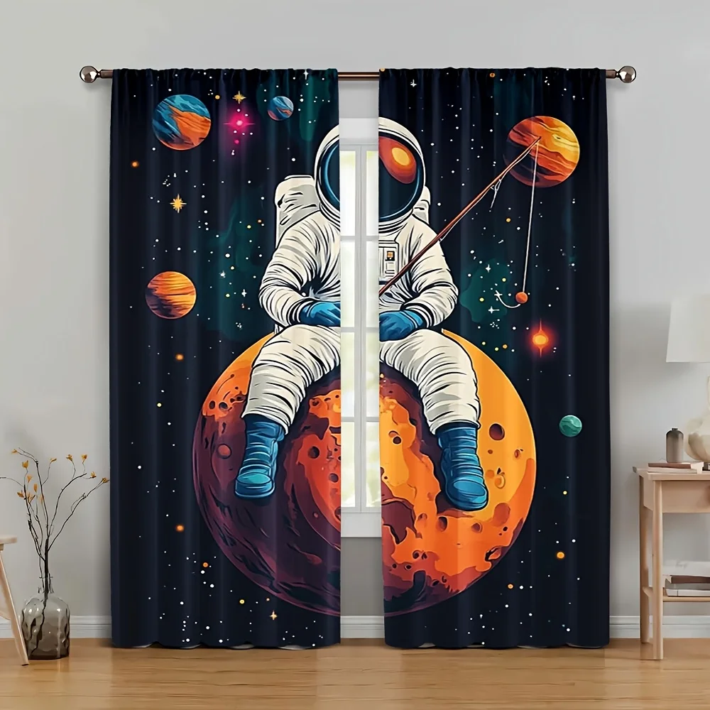curtainSet of 2 Vibrant Curtains Featuring Cosmic And Astronaut Designs- Rod Pocket Style Window Treatment That Adds a Rustic To