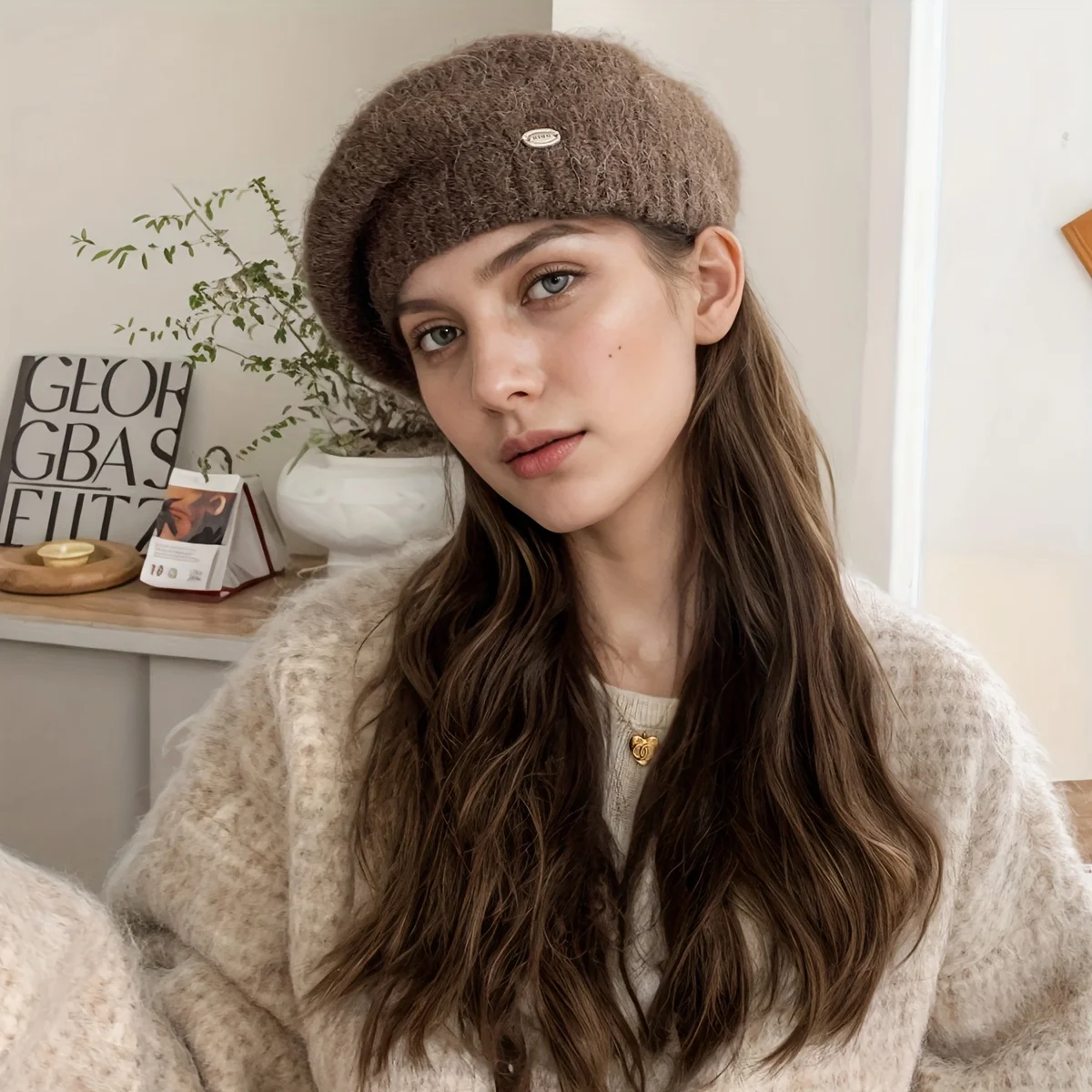 Women's Metal Logo Plush Beret Hat Warm Windproof Winter Knit Cap Breathable Outdoor Beanie for Large Head Cute Painter Hat