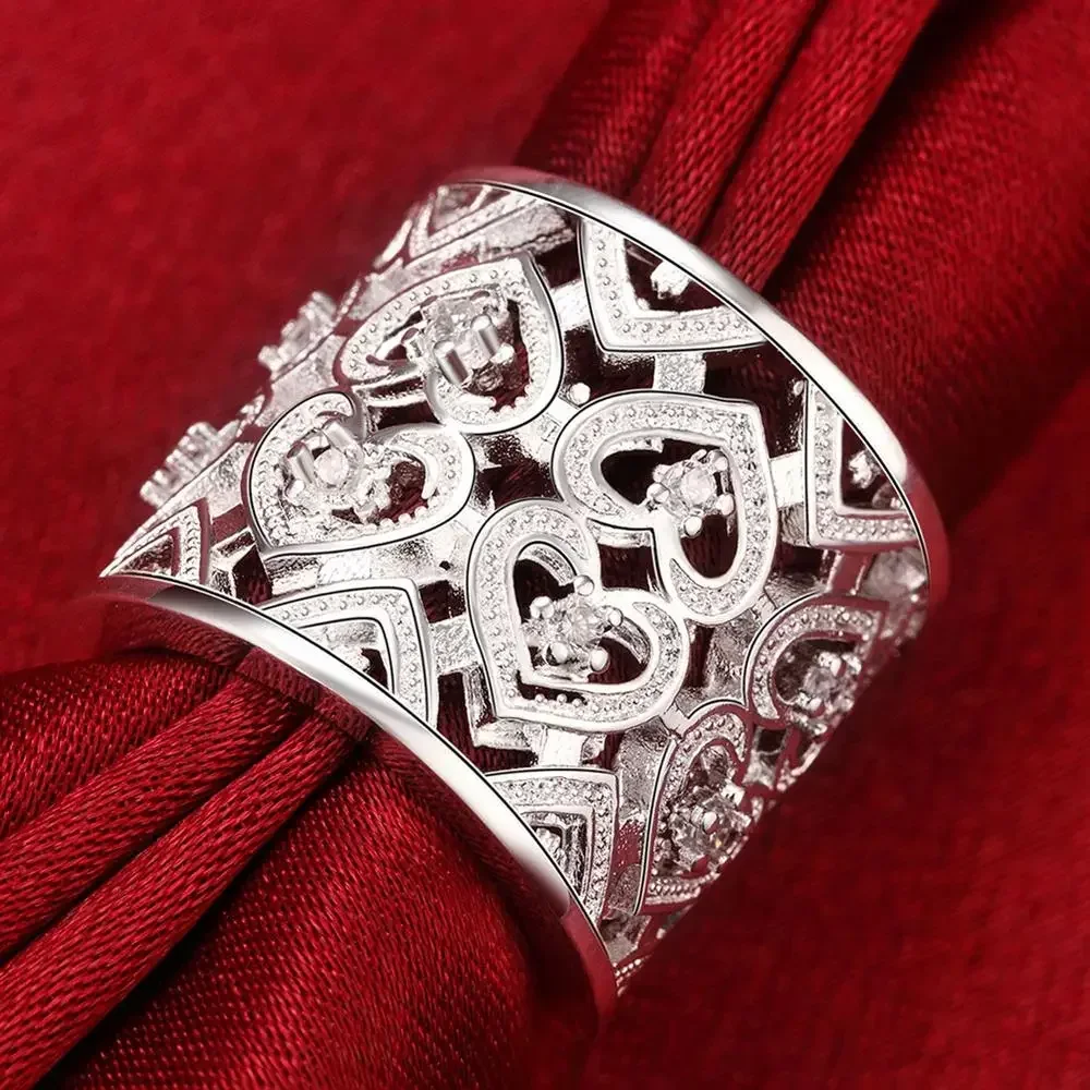 Bague en argent Sterling 925 avec cœur en cristal, larges anneaux réglables pour femmes, bijoux de marque à la mode, cadeaux de mariage et de fête