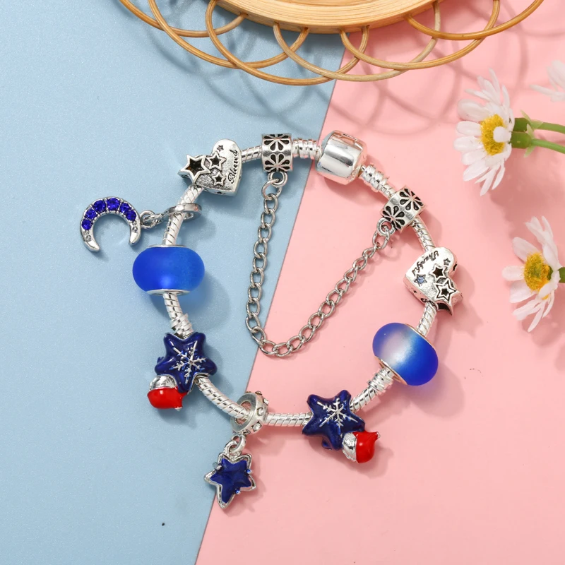 Blue Starry Sky Charms Bracelets For Women Lover With Snake Chain Stars DIY Charms Beads Pendants Jewelry Wholesale Dropshipping