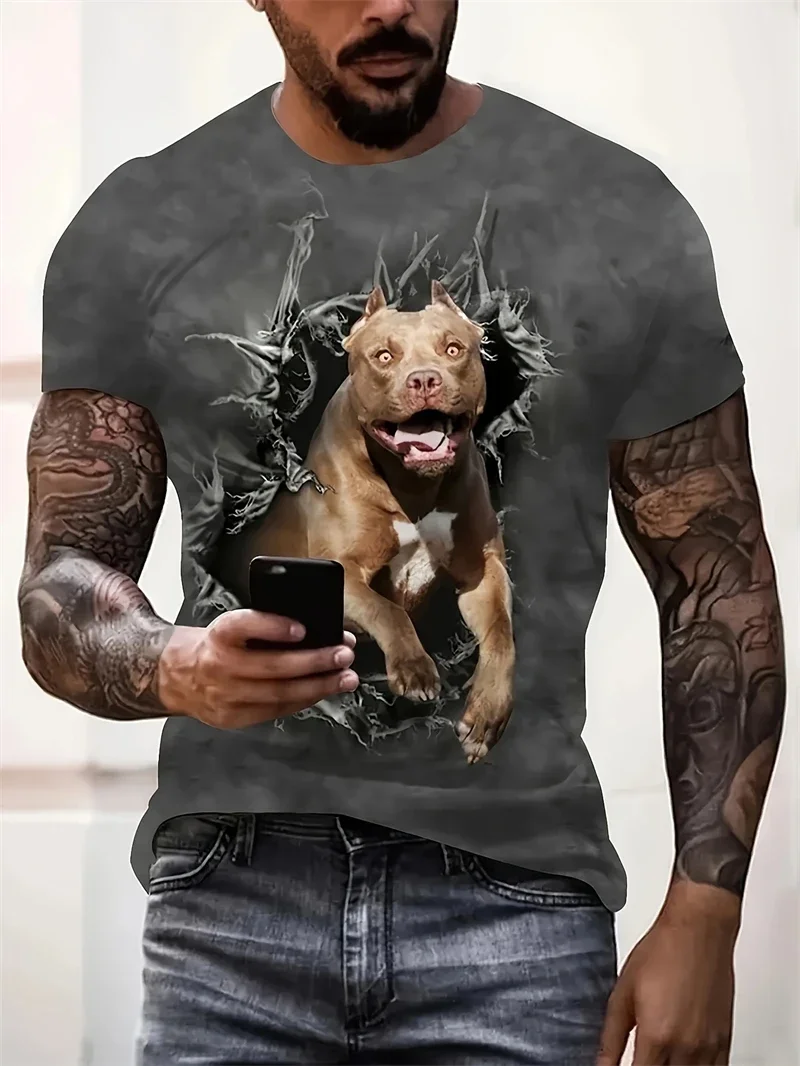 Herren-T-Shirt mit 3D-Pitbull-Print und Ripped-Effekt, Lässiges Rundhals-Kurzarm-Shirt mit Realistischer Hundegrafik für Tierliebhaber