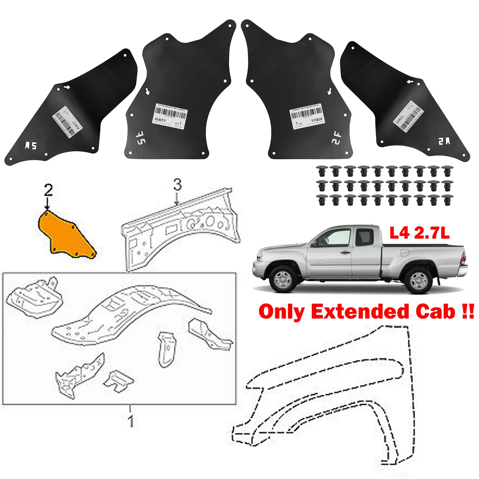 

4x Splash Shields with Clips for Toyota Tacoma 2005-2015 2.7L L4 Fender Liners Apron Skirts Guards Seals 53883-04020 53735-04070