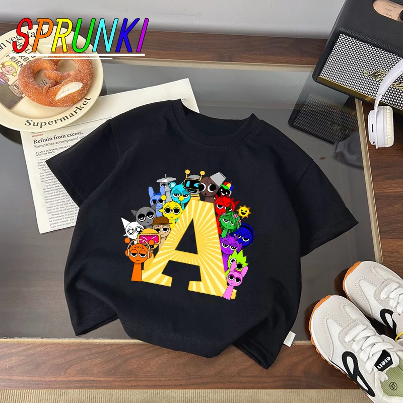Футболка Sprunkis с мультяшными буквами A-Z, милые мультяшные топы для мальчиков и девочек, одежда в стиле аниме, наряды с короткими рукавами, черная свободная одежда, подарок
