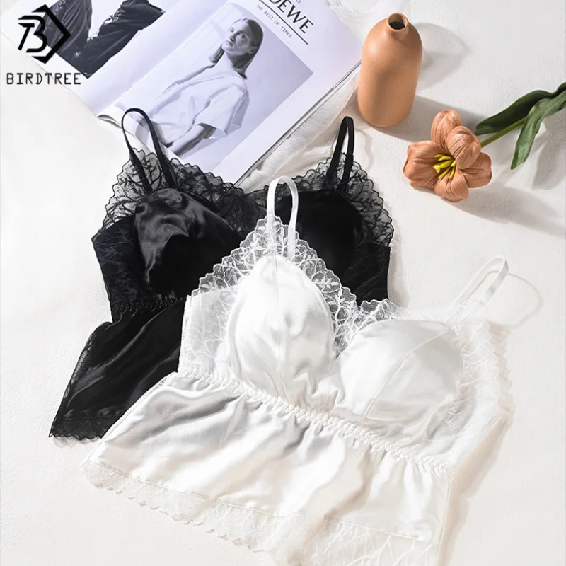 

Birdtree, 92% шелк, 8% спандекс, косая бретелька, женский атласный треугольный кружевной жилет во французском стиле с треугольными чашками, осенний жилет на бретельках T59125JF