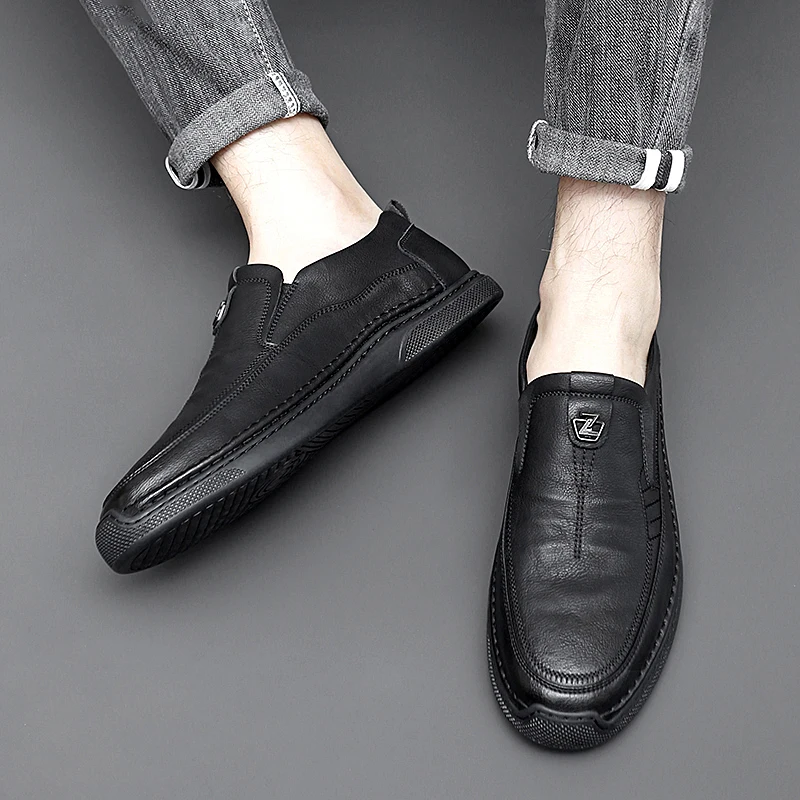 Spring Autumn Genuine Leather Shoes Men Loafers Soft Casual New Breathable Male Footwear Rubber Black /grey Slip-on Casual Shoes