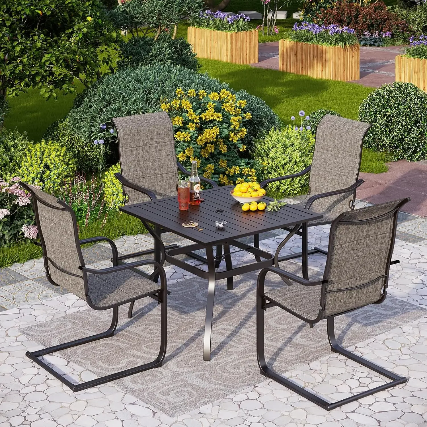 5 Pces Outdoor Patio Table and Chairs, 37” Square Metal Table with Umbrella Hole & 4 Patio Spring Dining Chairs