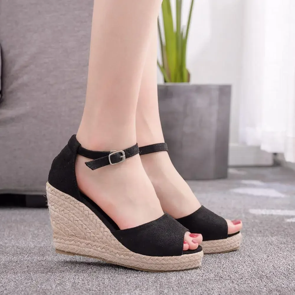 9 Cm Wedges Straw High-Heel Sandals Bohemian Style Fish Mouth Sandals Small Size Womens Shoe Concise Comfort High Heels 32,33,44