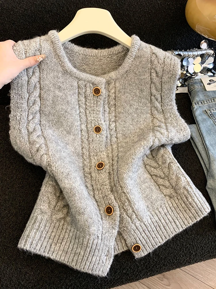 

Весна 2026: Женский повседневный вязаный жилет с узором «косичка», универсальный теплый топ с круглым вырезом, укороченный, цветной