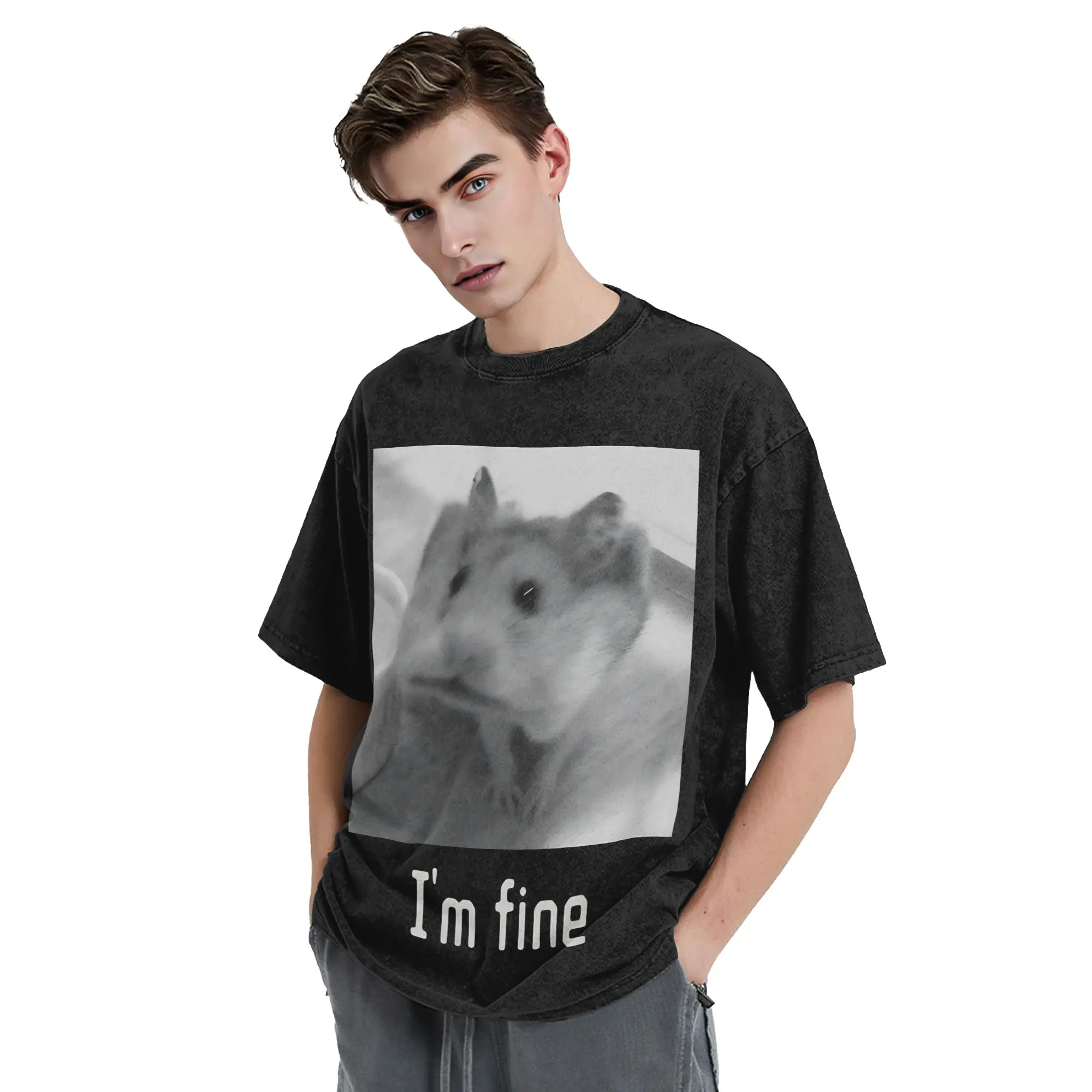 Washed T Shirt Im Fine Hamster Cute Chaos Animal Hip Hop Retro T-Shirts Street  Streetwear Short Sleeve Graphic Tees Men Women view 4