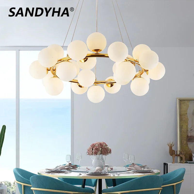 SANDYHA Nordic Pendant Lights Glass Globe Lampshade Ring Chandeliers for Living Room Dining Table Lighting Bedroom Decoration