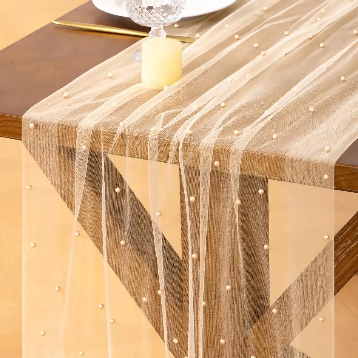 76CMx3M Weiß-Rosa Perlen Tischläufer Tüll Frühling Ostern Käsetuch Gaze für Esszimmer Hochzeit Geburtstag Party Babyparty