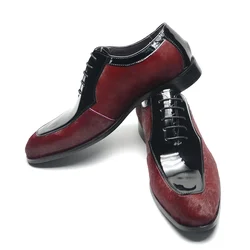 Luxury Designer Italian Men's Genuine Leather Maroon Horsehair Dress Shoes for Social Wedding Party Evening Man Suit Oxfords