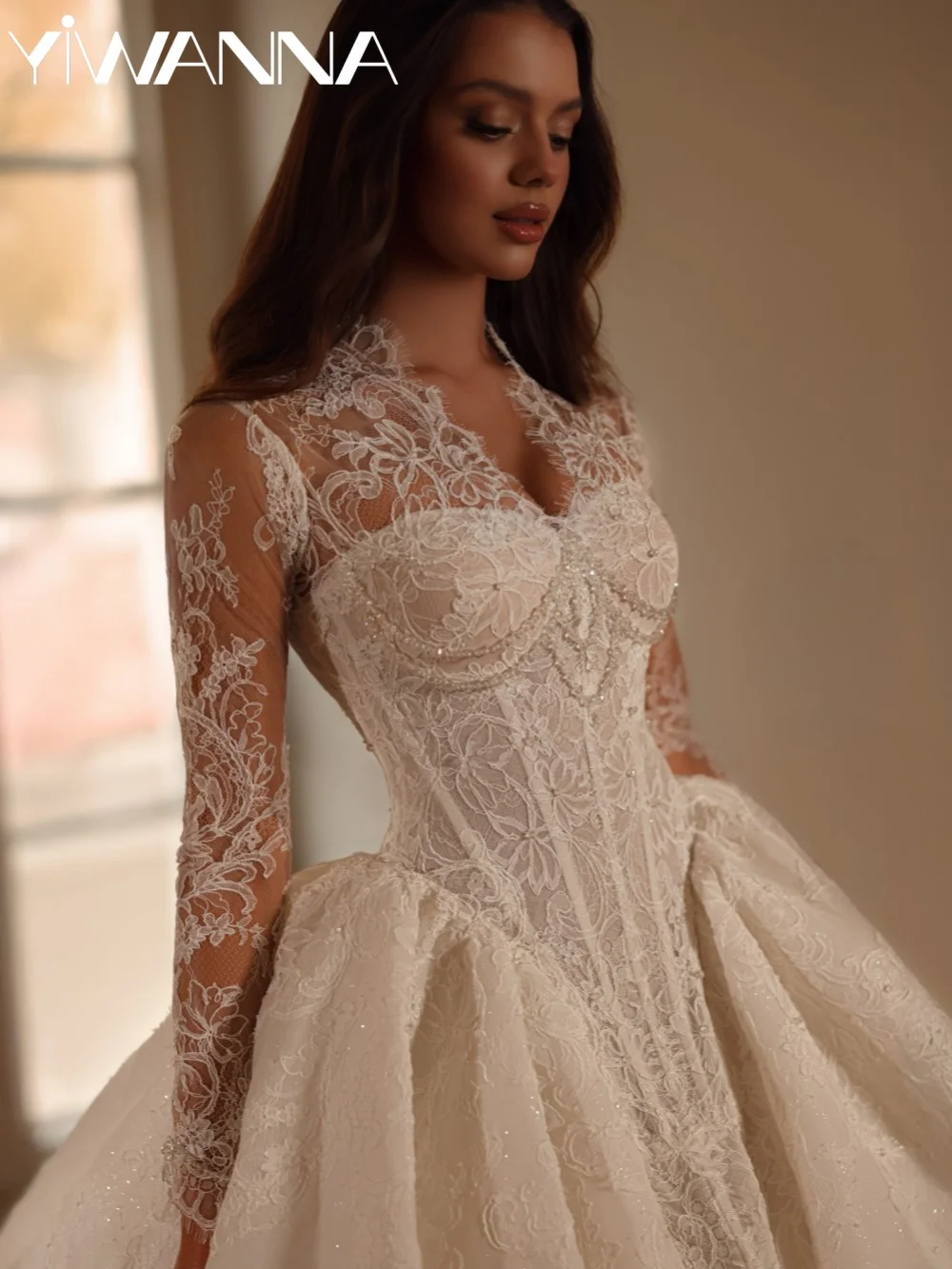 

Glitter Lace Princess Wedding Dress Gorgeous Crystal Long Sleeve Bridal Gown Customized Modest Elegant Dresses For Bride