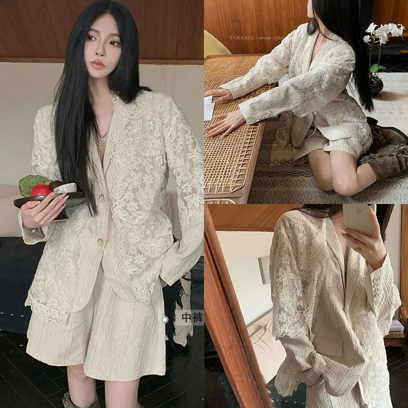 MiiiiX Casual Linen Texture Three-piece Suit Lace Cardigan Smock Lapel Loose Jacket Coat Shorts Sets 2024 Autumn Women's Clothes