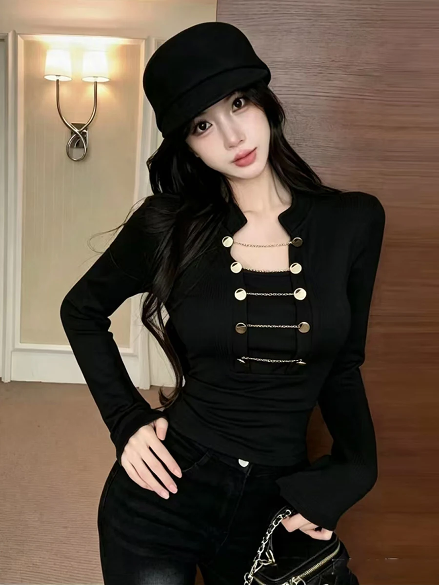 Retro Style Women's Long Sleeve Slim Fit Base Shirt Waist Cinching Double Button Decorative Chain Top Vintage Fashion T-Shirt