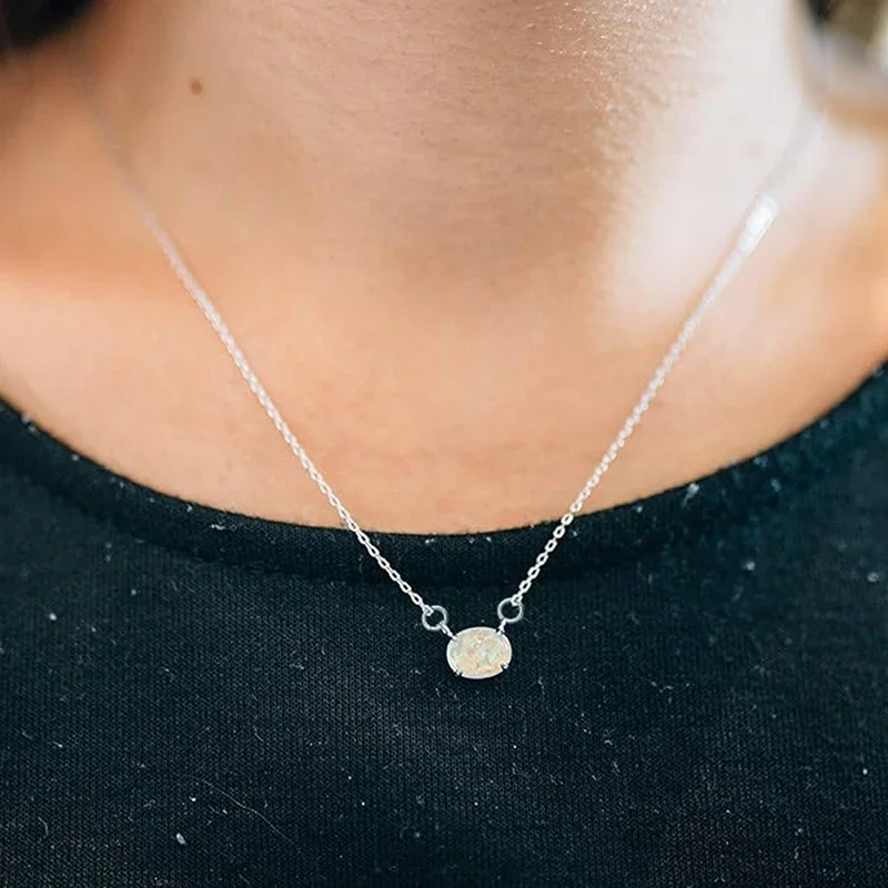 Huitan Dainty Imitation Opal Pendant Necklace for Women Shiny Colorful Engagement Jewelry Delicate All-matching Neck Accessories