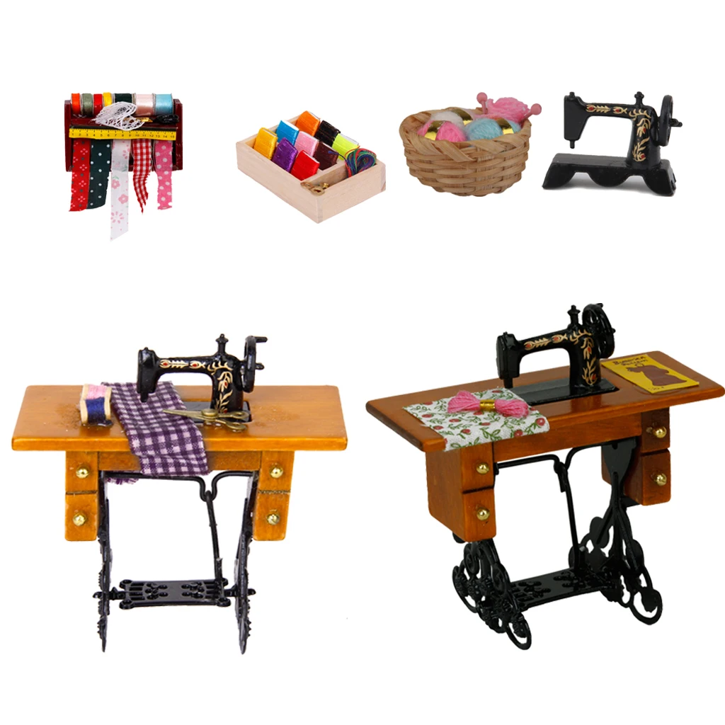 Dollhouse Miniature Laundry Furniture Ironing Board Sewing Machine Mannequin Display Stand Accessories Set for 1 12 Scale Doll