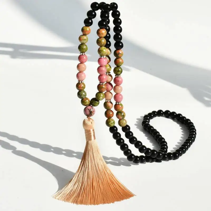 

Natural Black Onyx & Unakite & Rhodonite 108 Beads Mala Necklace with Gold Tassel Spiritual Meditation Jewelry