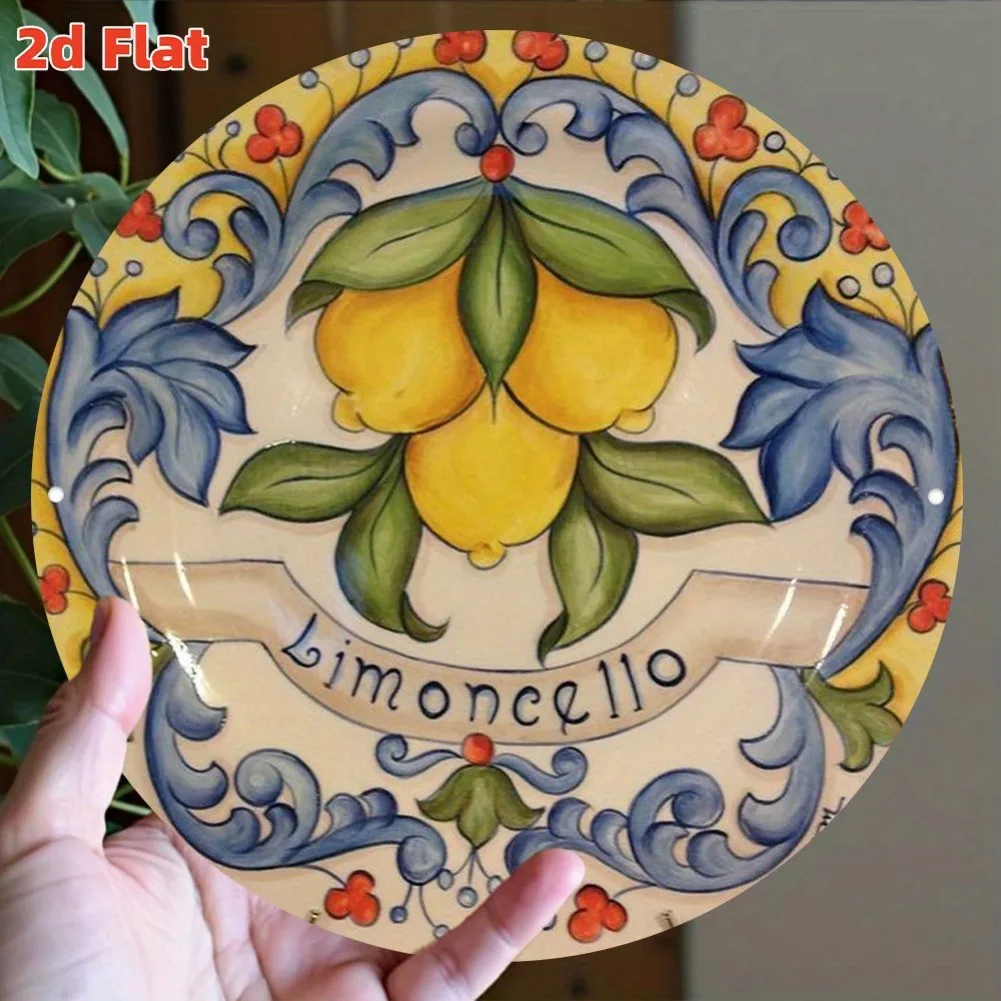 1 Stück 2D-Aluminiumschild „Zitronendekorplatte“ – 7,8 x 7,8 Zoll runde mediterrane Kunst, frische Dekoration für Esszimmer/Küche/Café
