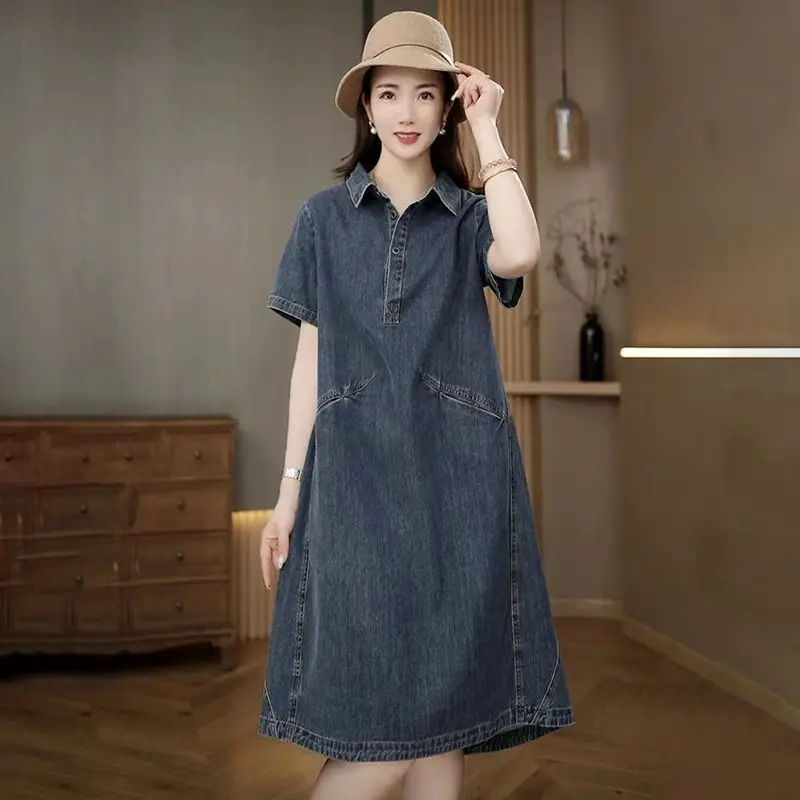 2024 Summer Plus Size Denim Dress Women's Loose Knee-Length Jean Dress with Hiding Belly Design