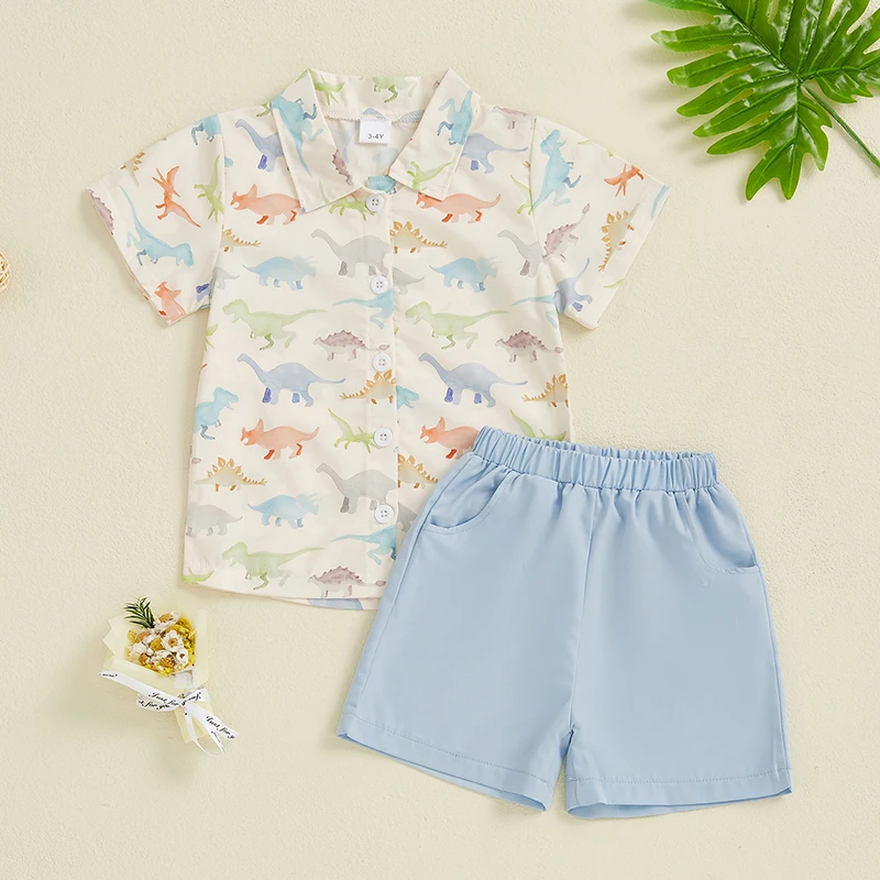 Toddler Kid Boy Clothing Set Construction Truck/Dinosaur Short Sleeve Button-up Shirt Solid Shorts 2 Piece Summer Outfit