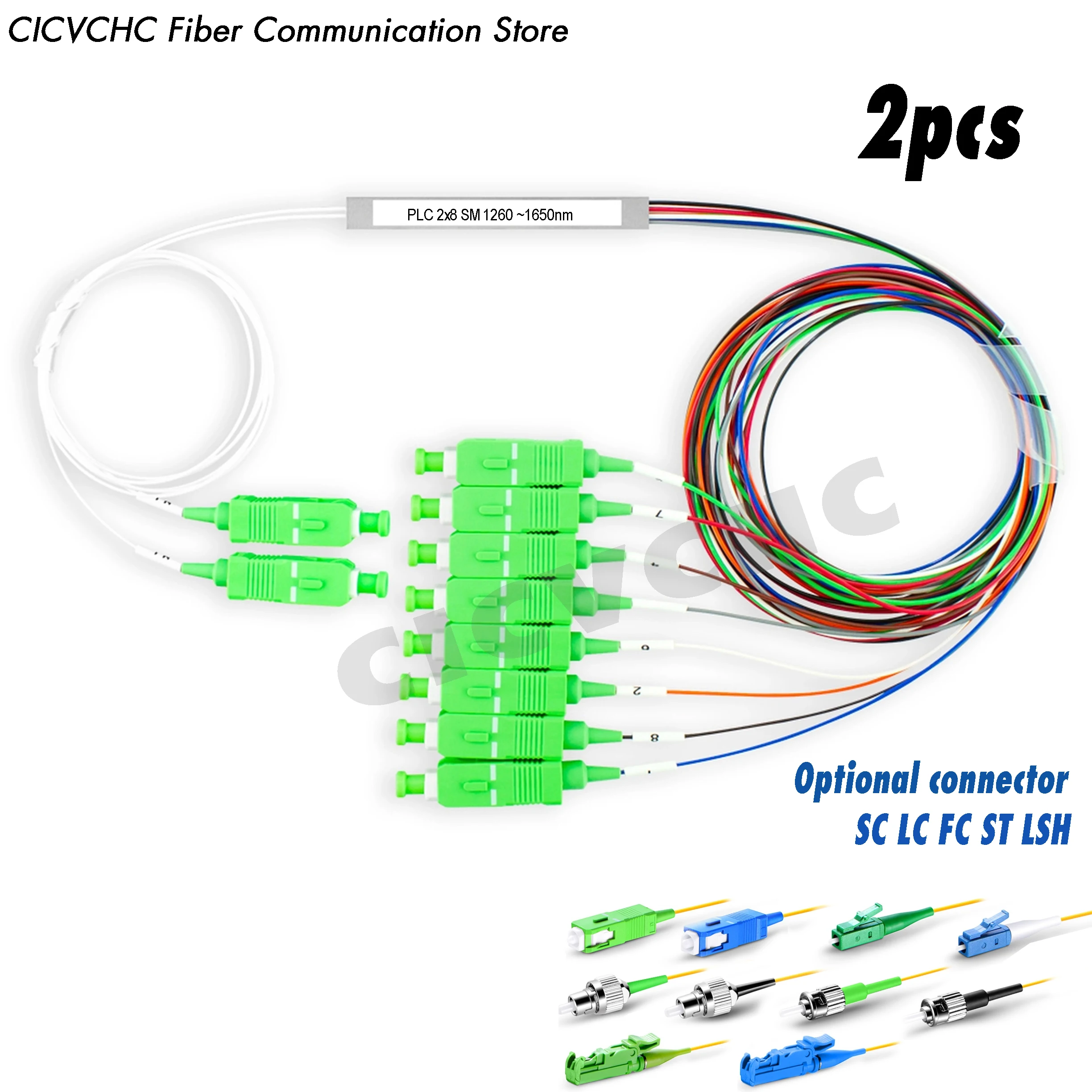 2pcs 2x8 PLC Optical Splitter, Mini Module, Singe Mode Fiber, SC, LC, FC, ST, E2000 Connector, 1m length, 0.9mm tube